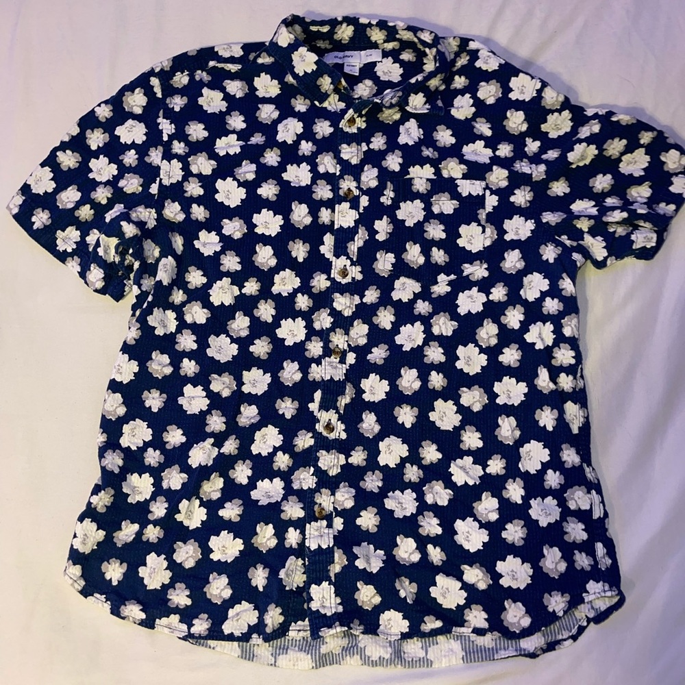 Old Navy Button Up Shirt Men Extra Large Blue Short Sleeve Floral Print Slim